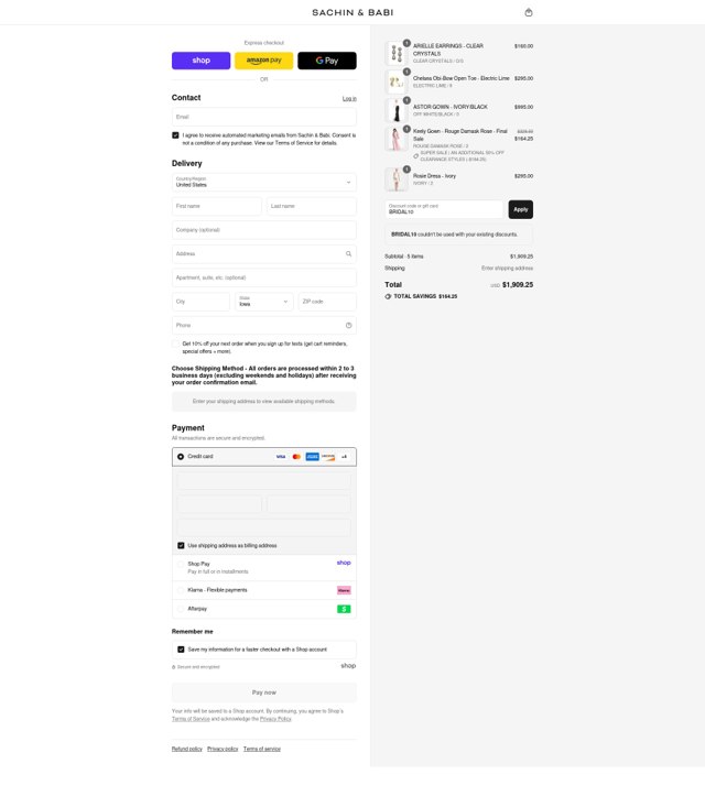 Sachin & Babi checkout page showing Sachin & Babi discount code box | Screenshot taken by SimplyCodes community member on Aug 31, 2025