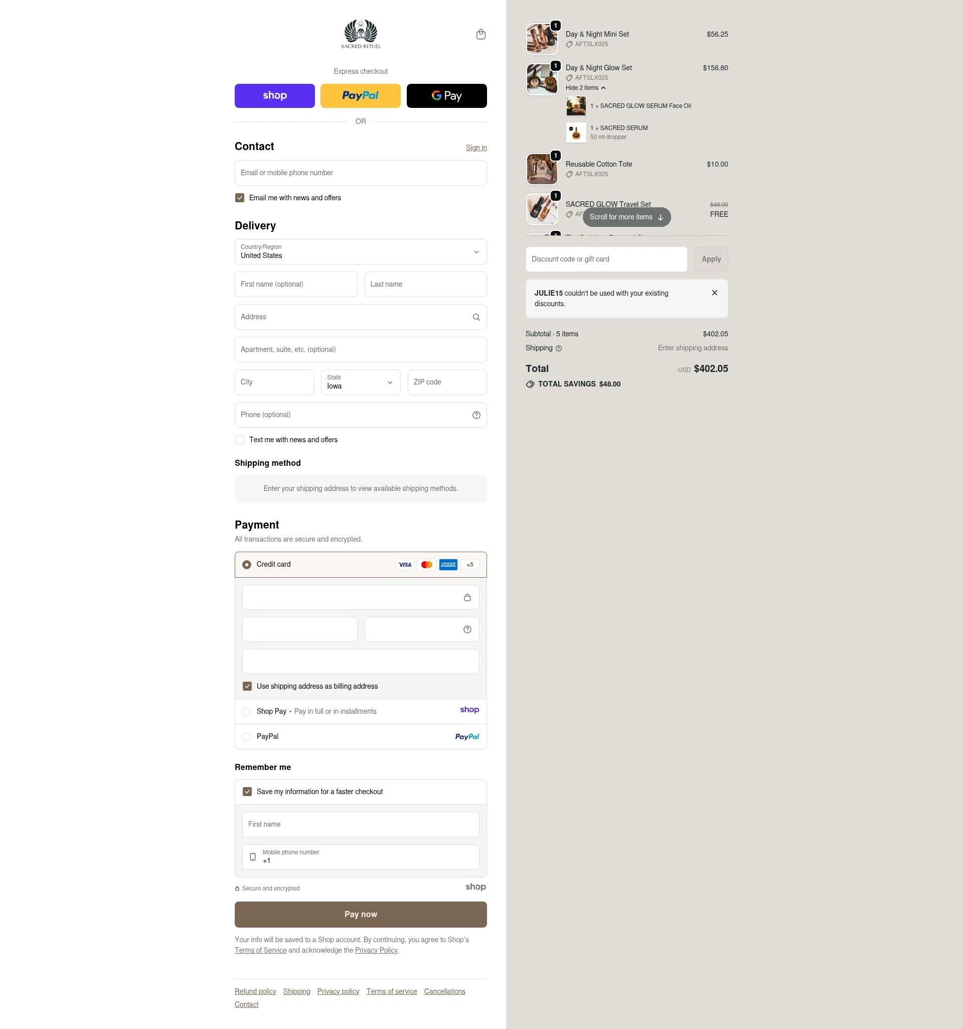 Sacred Rituel Beauty checkout page showing Sacred Rituel Beauty promo code box | Screenshot taken by SimplyCodes community member on Dec 23, 2025