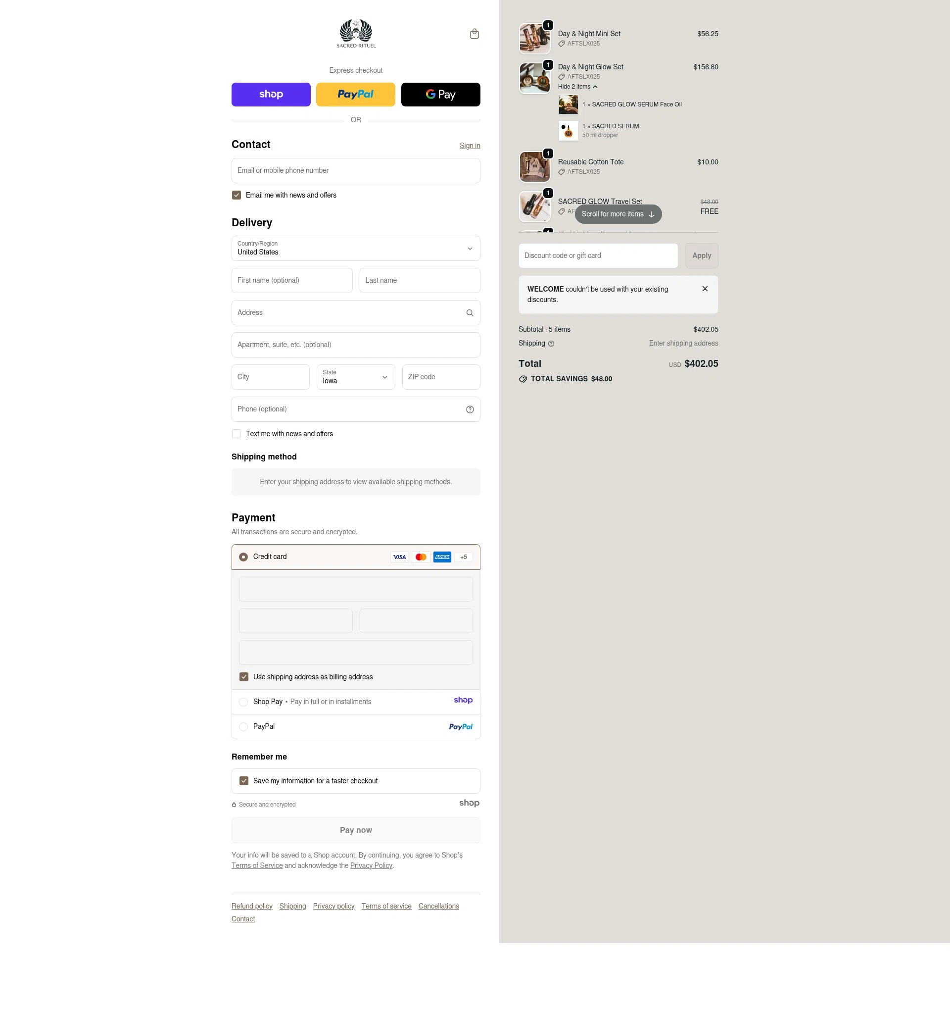 Sacred Rituel Beauty checkout page showing Sacred Rituel Beauty promo code box | Screenshot taken by SimplyCodes community member on Dec 23, 2025