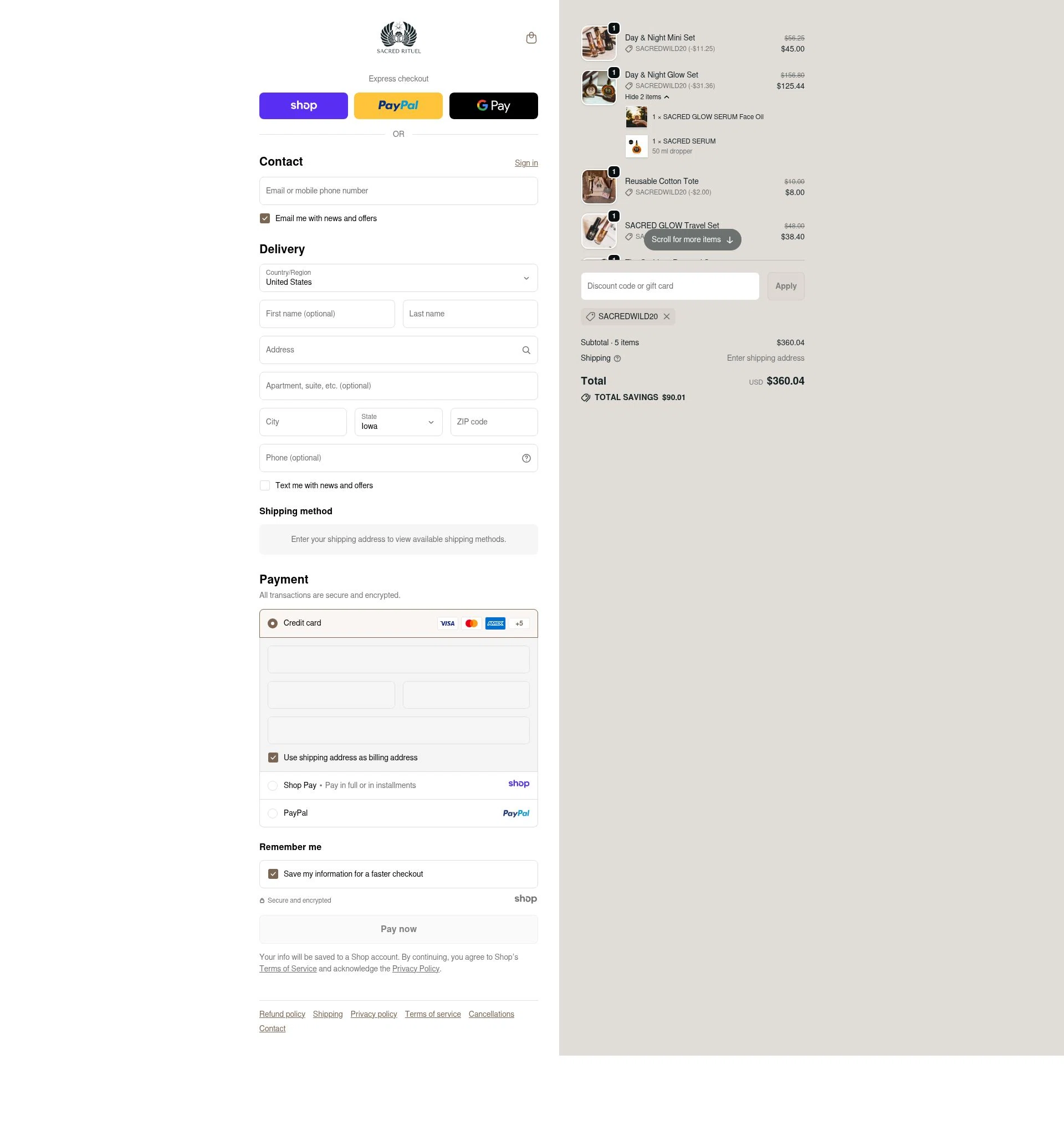 Sacred Rituel Beauty checkout page showing Sacred Rituel Beauty promo code box | Screenshot taken by SimplyCodes community member on Dec 28, 2025
