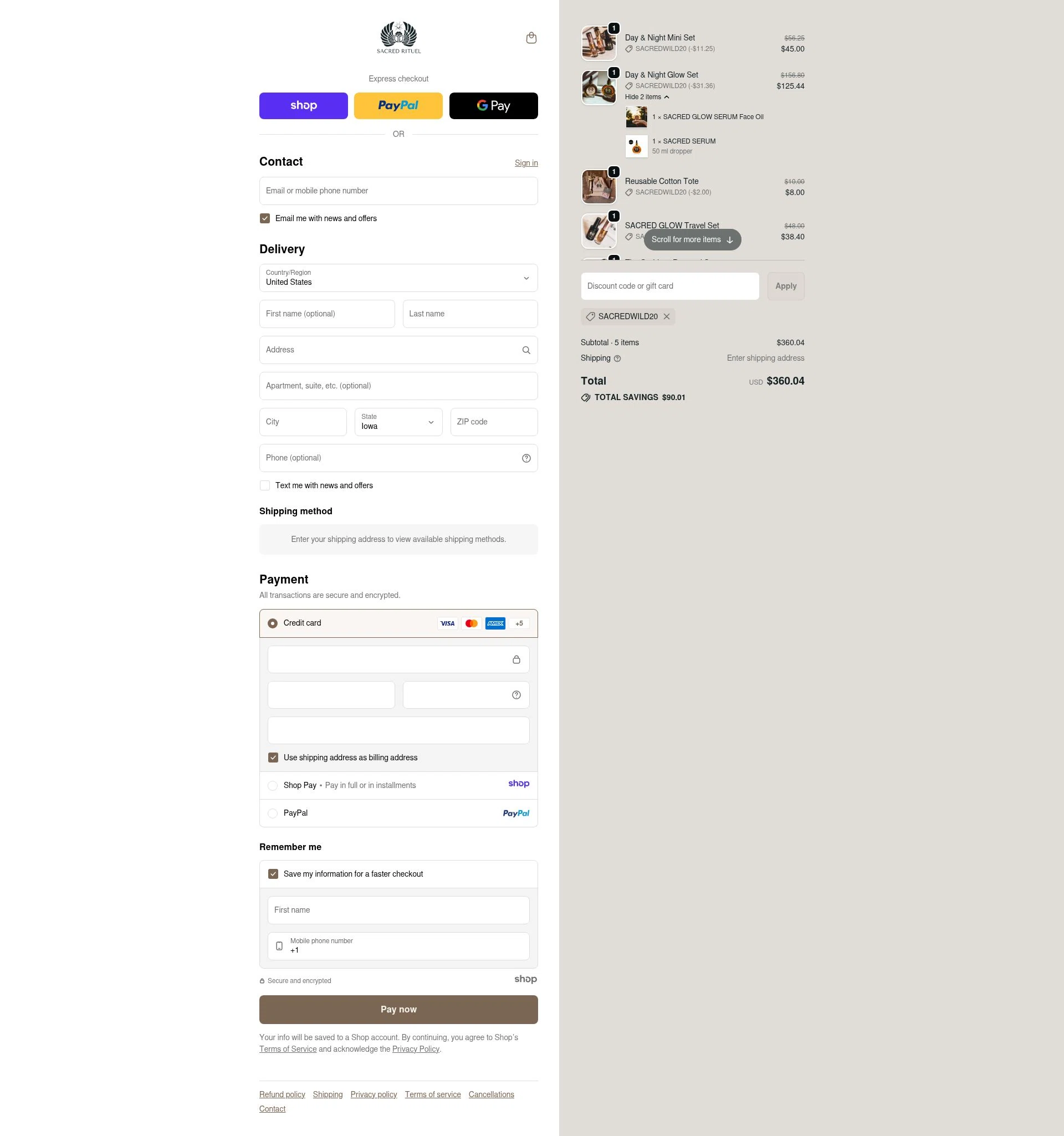 Sacred Rituel Beauty checkout page showing Sacred Rituel Beauty promo code box | Screenshot taken by SimplyCodes community member on Dec 23, 2025