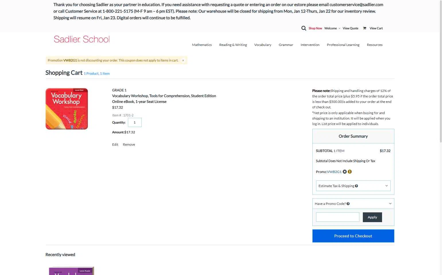 Sadlier School checkout page showing Sadlier School promo code box | Screenshot taken by SimplyCodes community member on Dec 24, 2025