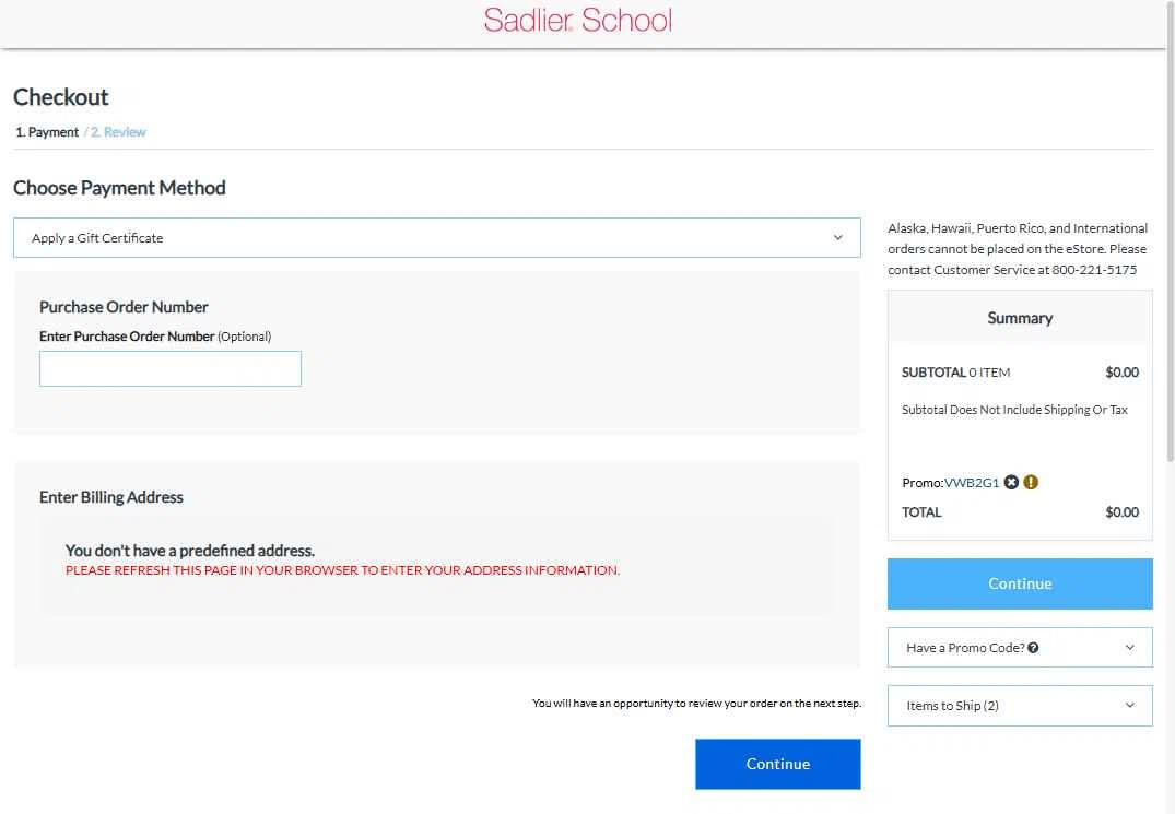 Sadlier School checkout page showing Sadlier School promo code box | Screenshot taken by SimplyCodes community member on Nov 25, 2025