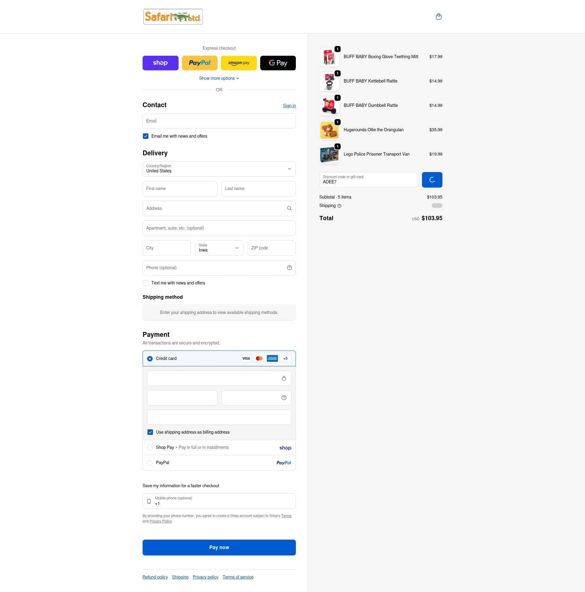 Safari Ltd checkout page showing Safari Ltd discount code box | Screenshot taken by SimplyCodes community member on Feb 5, 2026