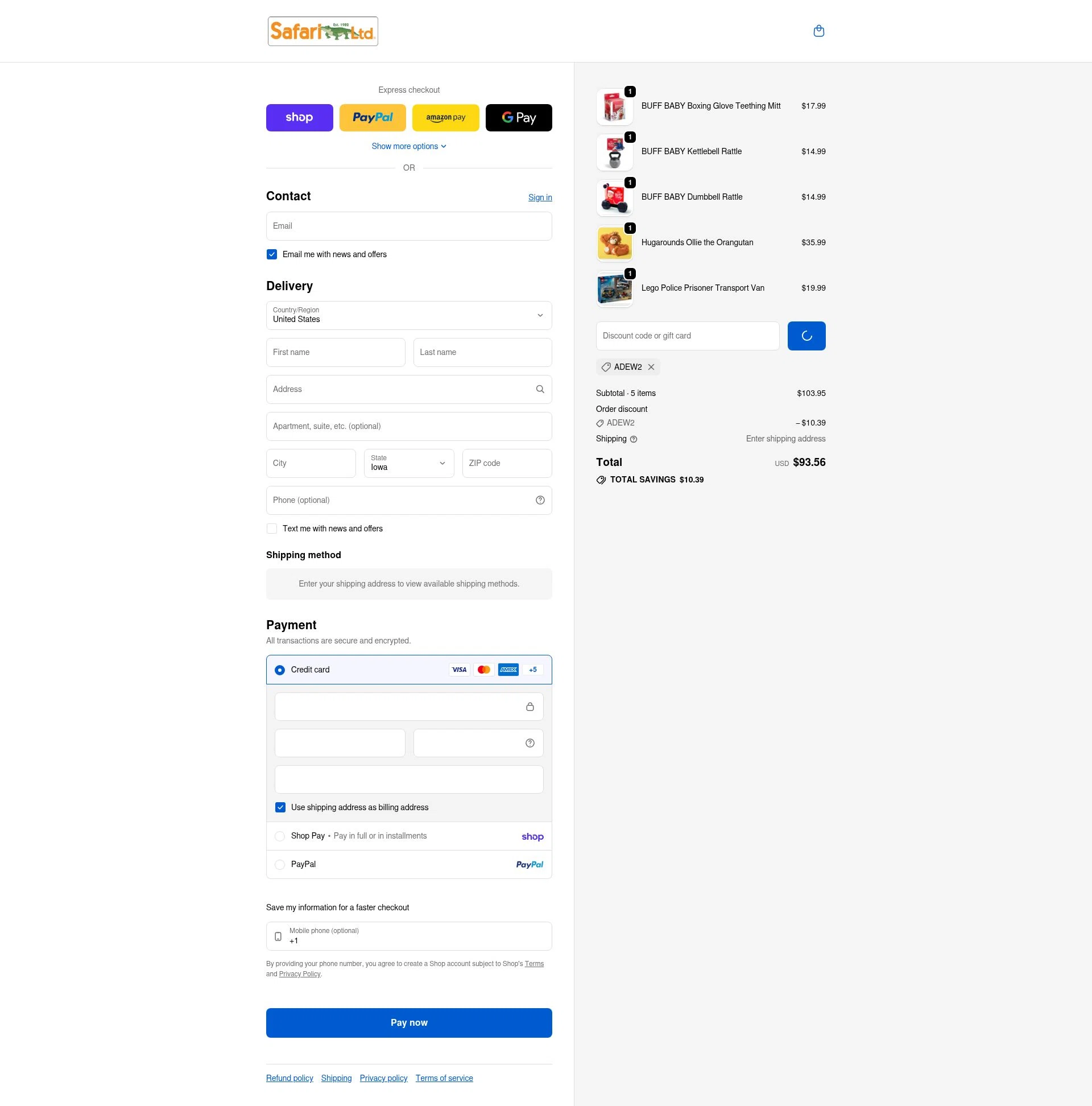 Safari Ltd checkout page showing Safari Ltd discount code box | Screenshot taken by SimplyCodes community member on Feb 5, 2026