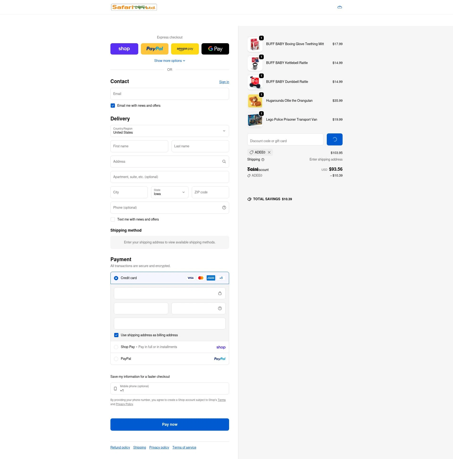 Safari Ltd checkout page showing Safari Ltd discount code box | Screenshot taken by SimplyCodes community member on Feb 5, 2026