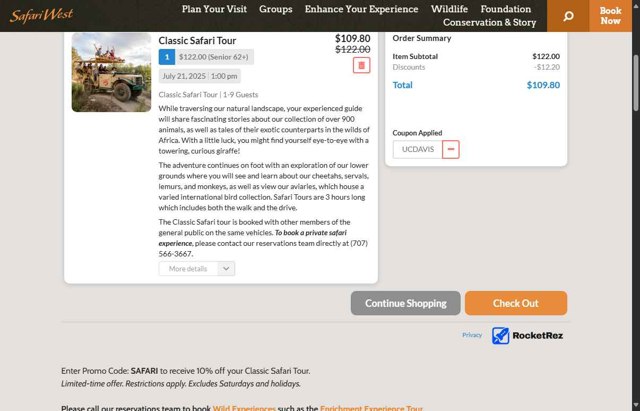 Safari West checkout page showing Safari West promo code box | Screenshot taken by SimplyCodes community member on Jul 21, 2025
