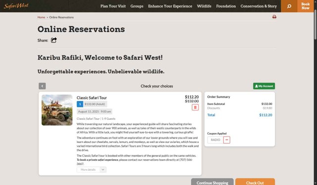 Safari West checkout page showing Safari West promo code box | Screenshot taken by SimplyCodes community member on Aug 12, 2025