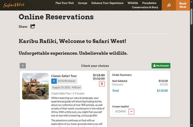 Safari West checkout page showing Safari West promo code box | Screenshot taken by SimplyCodes community member on Aug 19, 2025