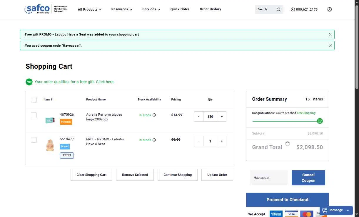 Safco Dental Supply checkout page showing Safco Dental Supply promo code box | Screenshot taken by SimplyCodes community member on Nov 17, 2025