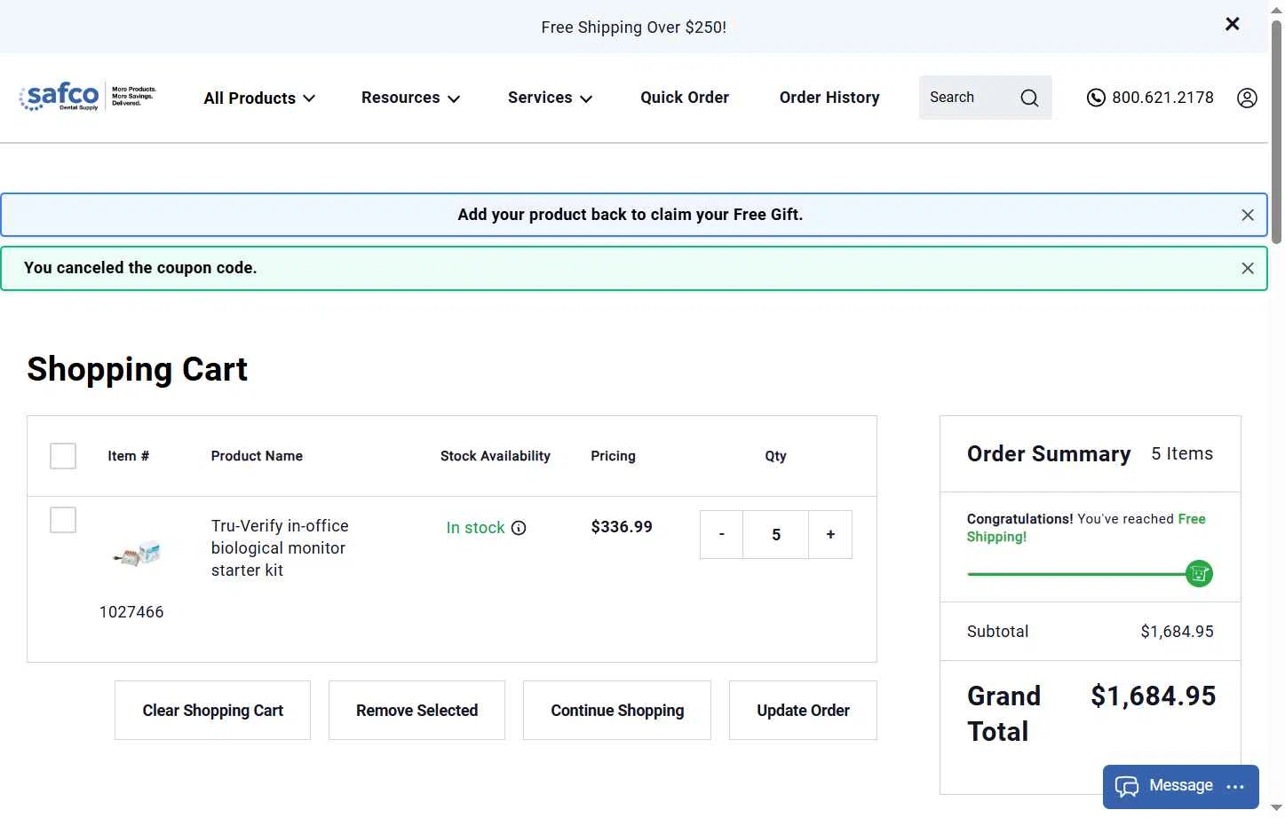Safco Dental Supply checkout page showing Safco Dental Supply promo code box | Screenshot taken by SimplyCodes community member on Oct 3, 2025