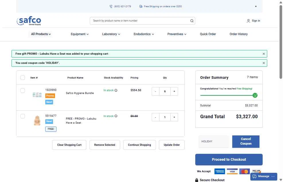 Safco Dental Supply checkout page showing Safco Dental Supply promo code box | Screenshot taken by SimplyCodes community member on Dec 9, 2025