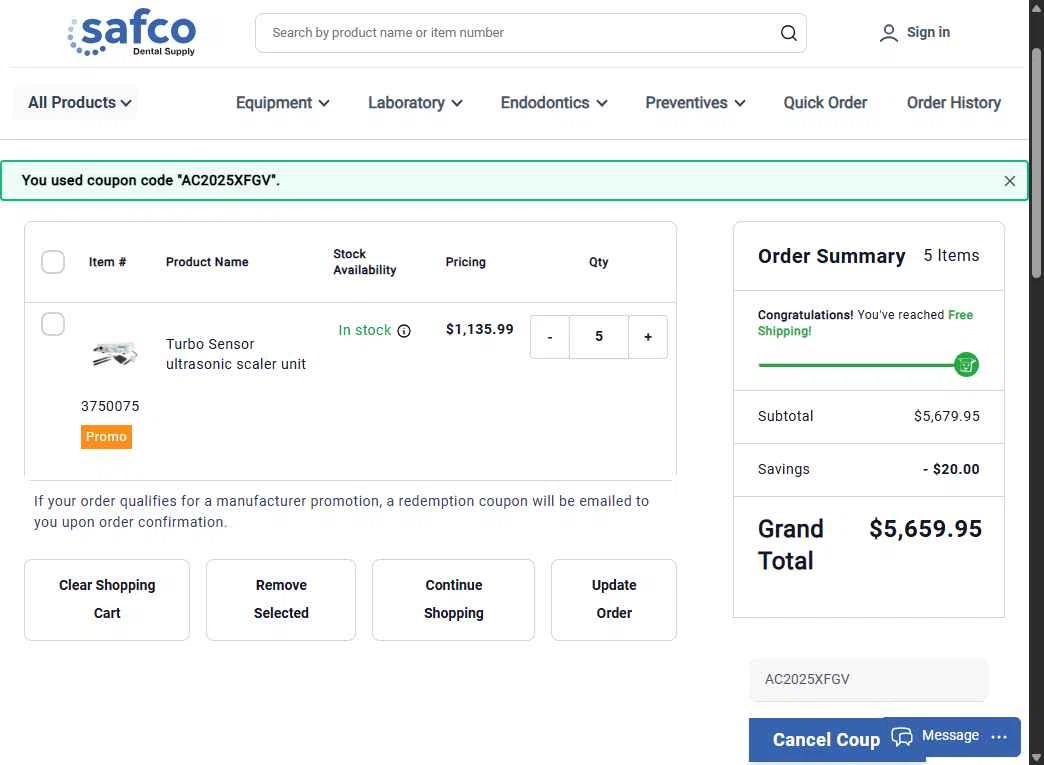 Safco Dental Supply checkout page showing Safco Dental Supply promo code box | Screenshot taken by SimplyCodes community member on Dec 17, 2025