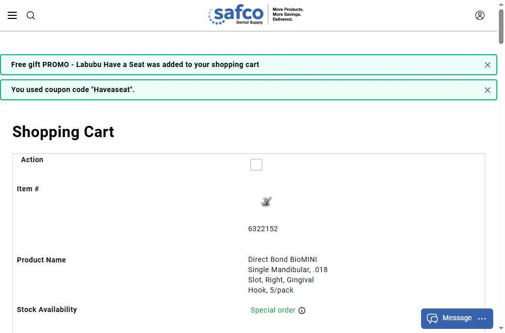 Safco Dental Supply checkout page showing Safco Dental Supply promo code box | Screenshot taken by SimplyCodes community member on Nov 17, 2025