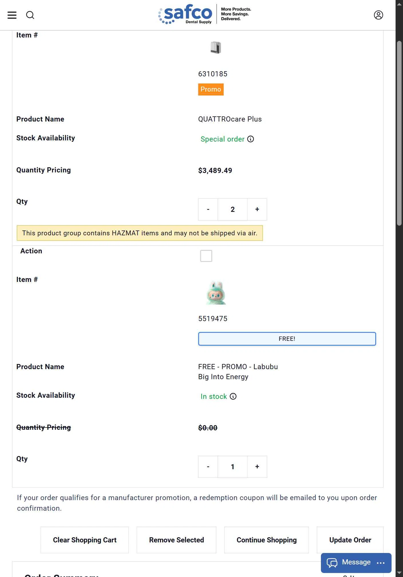 Safco Dental Supply checkout page showing Safco Dental Supply promo code box | Screenshot taken by SimplyCodes community member on Oct 3, 2025