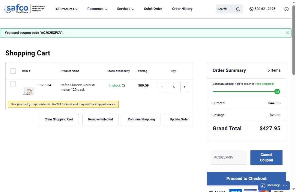 Safco Dental Supply checkout page showing Safco Dental Supply promo code box | Screenshot taken by SimplyCodes community member on Nov 3, 2025