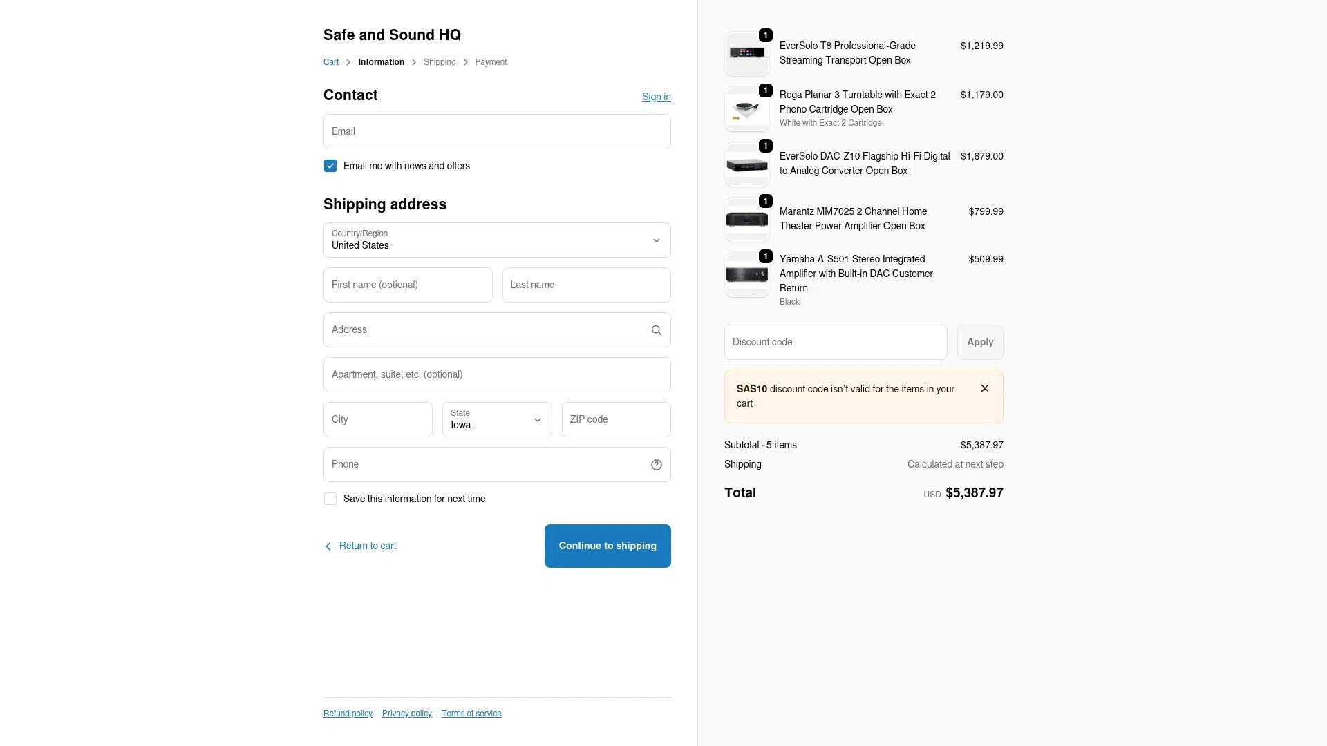 Safe and Sound HQ checkout page showing Safe and Sound HQ discount code box | Screenshot taken by SimplyCodes community member on Feb 8, 2026