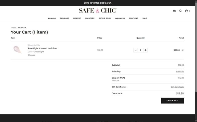 Safe & Chic checkout page showing Safe & Chic coupon code box | Screenshot taken by SimplyCodes community member on Aug 14, 2025