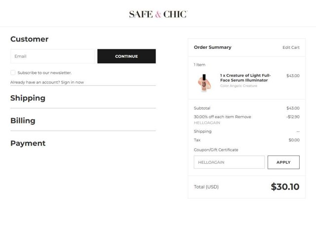 Safe & Chic checkout page showing Safe & Chic coupon code box | Screenshot taken by SimplyCodes community member on Aug 11, 2025