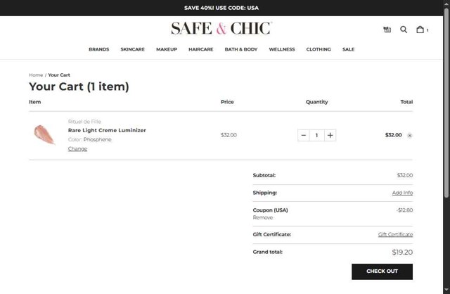 Safe & Chic checkout page showing Safe & Chic coupon code box | Screenshot taken by SimplyCodes community member on Jul 23, 2025
