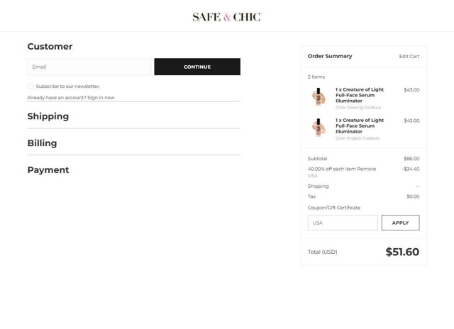 Safe & Chic checkout page showing Safe & Chic coupon code box | Screenshot taken by SimplyCodes community member on Jul 23, 2025