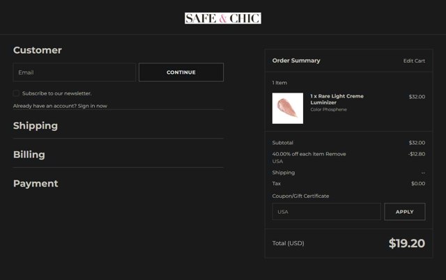 Safe & Chic checkout page showing Safe & Chic coupon code box | Screenshot taken by SimplyCodes community member on Aug 25, 2025