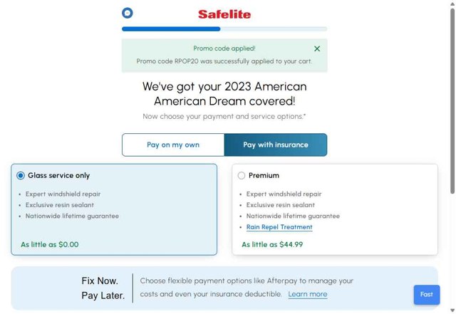 Safelite checkout page showing Safelite promo code box | Screenshot taken by SimplyCodes community member on Aug 20, 2025