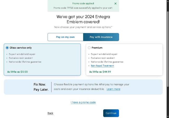 Safelite checkout page showing Safelite promo code box | Screenshot taken by SimplyCodes community member on Aug 21, 2025