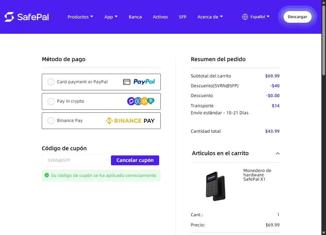 Safepal checkout page showing Safepal promo code box | Screenshot taken by SimplyCodes community member on Feb 3, 2026