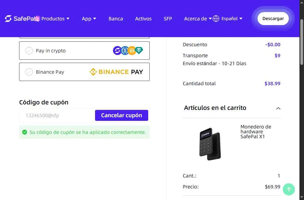 Safepal checkout page showing Safepal promo code box | Screenshot taken by SimplyCodes community member on Dec 28, 2025