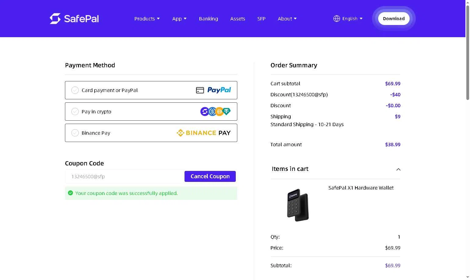 Safepal checkout page showing Safepal promo code box | Screenshot taken by SimplyCodes community member on Jan 26, 2026