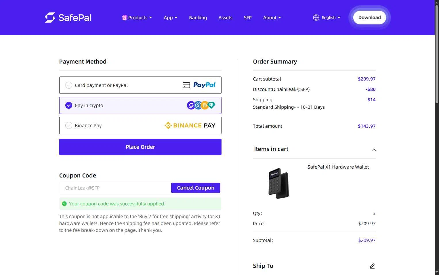 Safepal checkout page showing Safepal promo code box | Screenshot taken by SimplyCodes community member on Jan 3, 2026