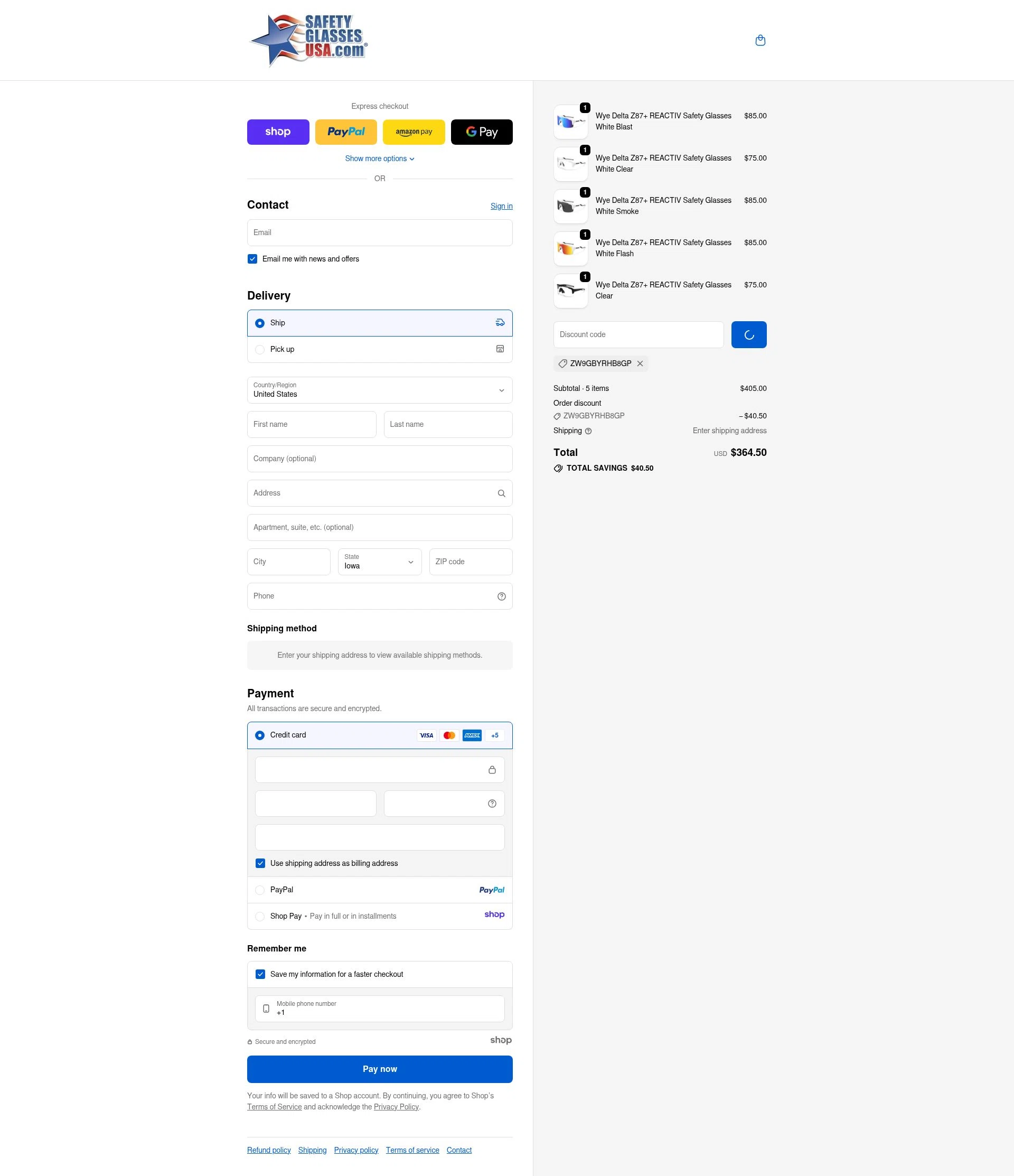 Safety Glasses USA checkout page showing Safety Glasses USA coupon code box | Screenshot taken by SimplyCodes community member on Dec 16, 2025