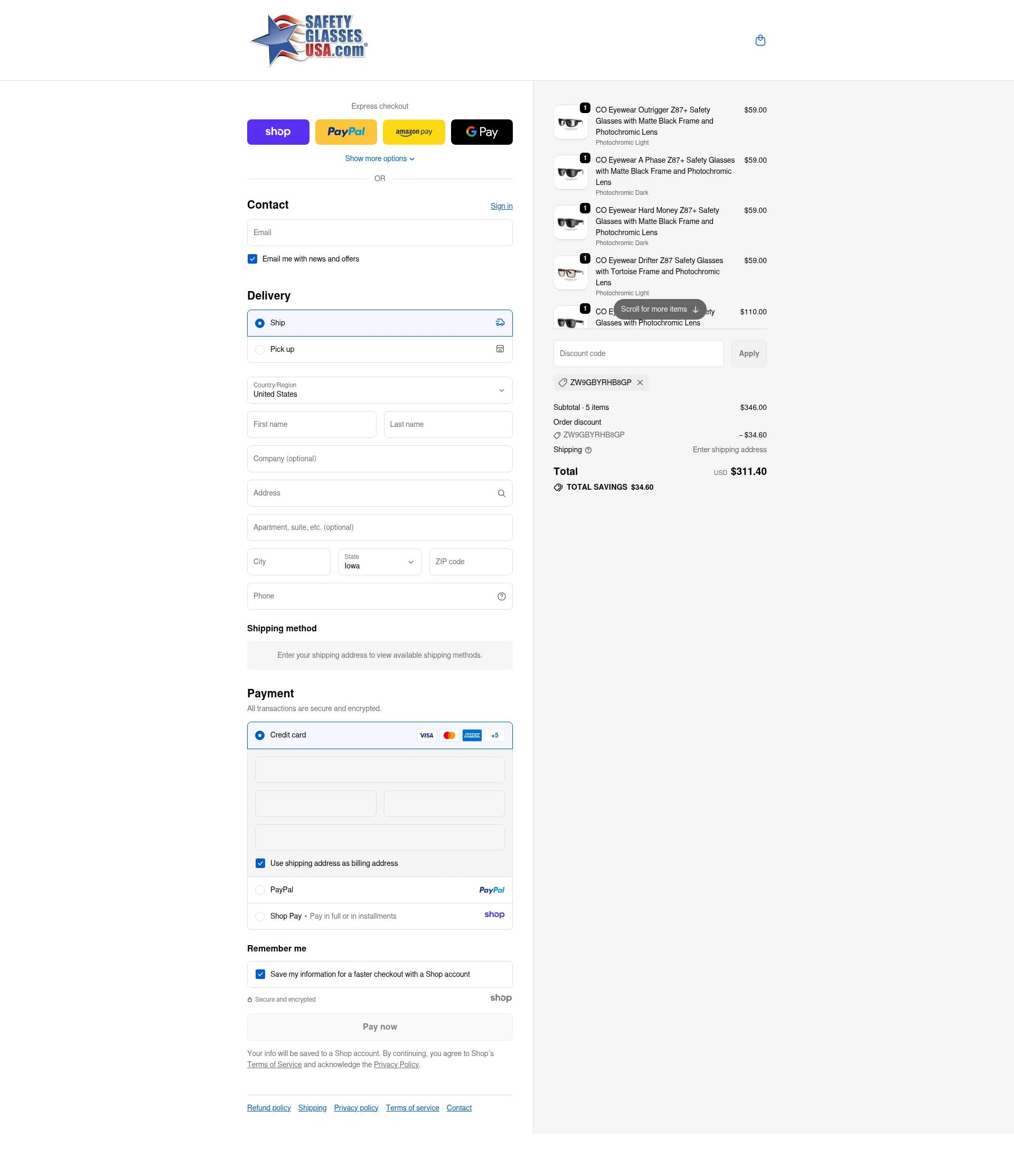 Safety Glasses USA checkout page showing Safety Glasses USA coupon code box | Screenshot taken by SimplyCodes community member on Nov 19, 2025