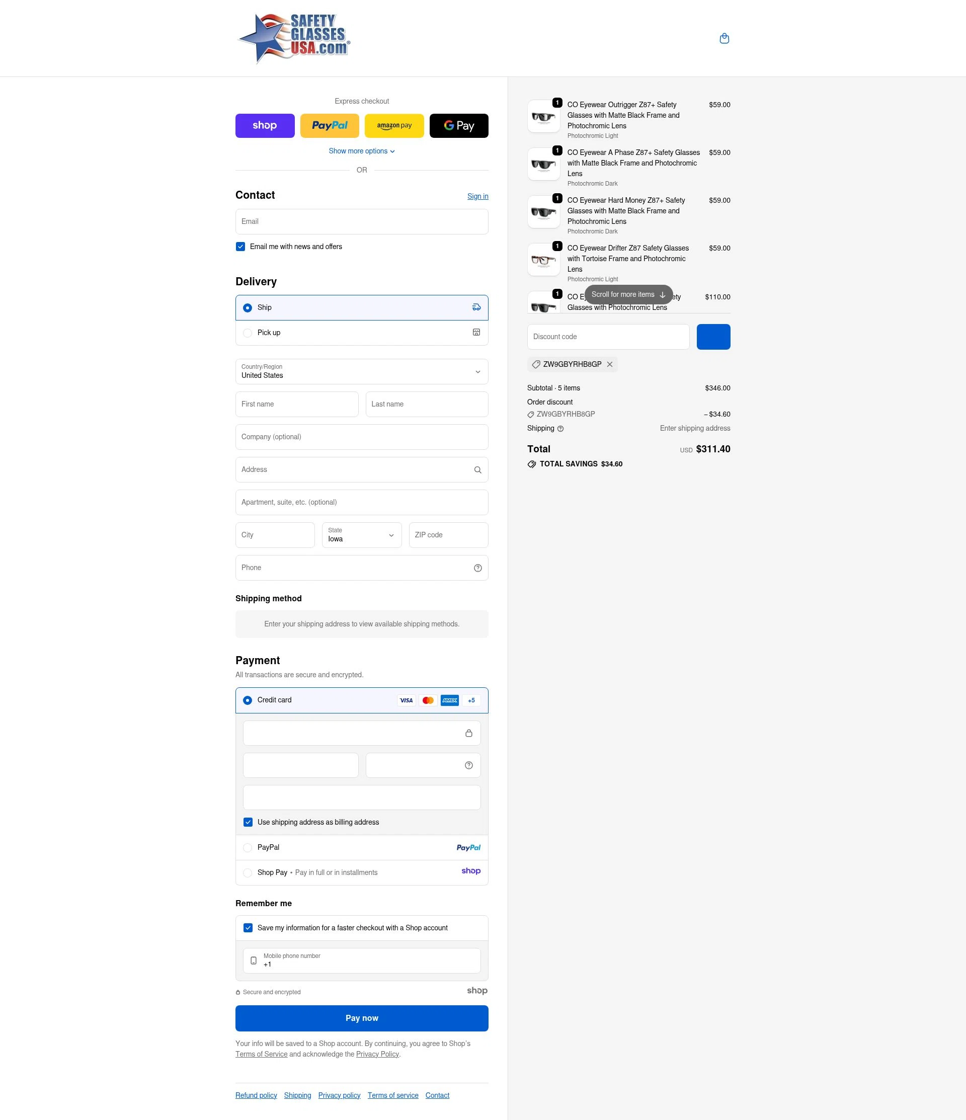 Safety Glasses USA checkout page showing Safety Glasses USA coupon code box | Screenshot taken by SimplyCodes community member on Nov 24, 2025