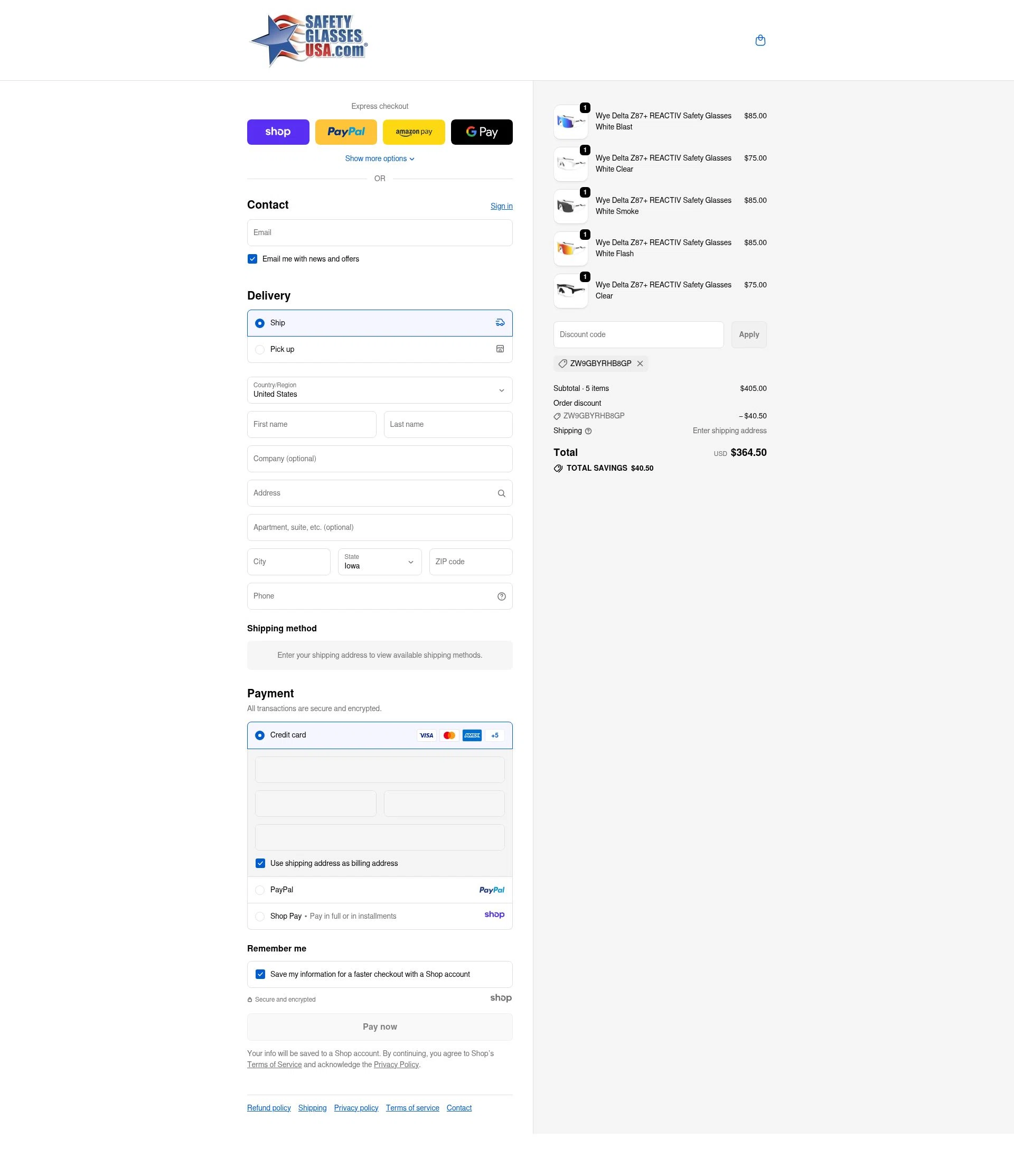 Safety Glasses USA checkout page showing Safety Glasses USA coupon code box | Screenshot taken by SimplyCodes community member on Dec 10, 2025