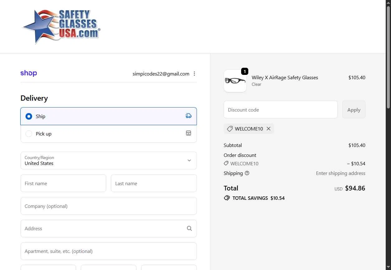 Safety Glasses USA checkout page showing Safety Glasses USA coupon code box | Screenshot taken by SimplyCodes community member on Dec 23, 2025