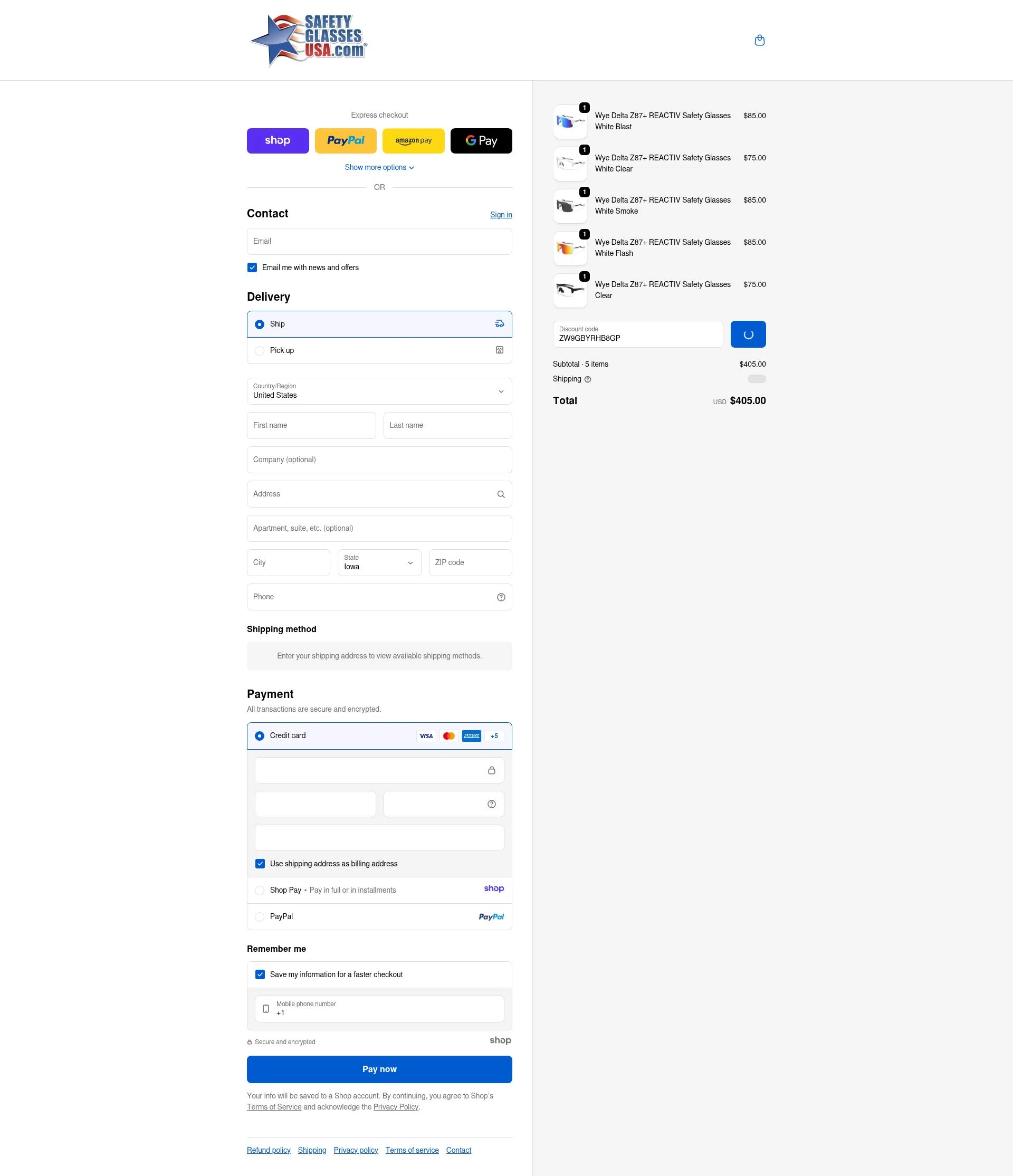 Safety Glasses USA checkout page showing Safety Glasses USA coupon code box | Screenshot taken by SimplyCodes community member on Jan 2, 2026