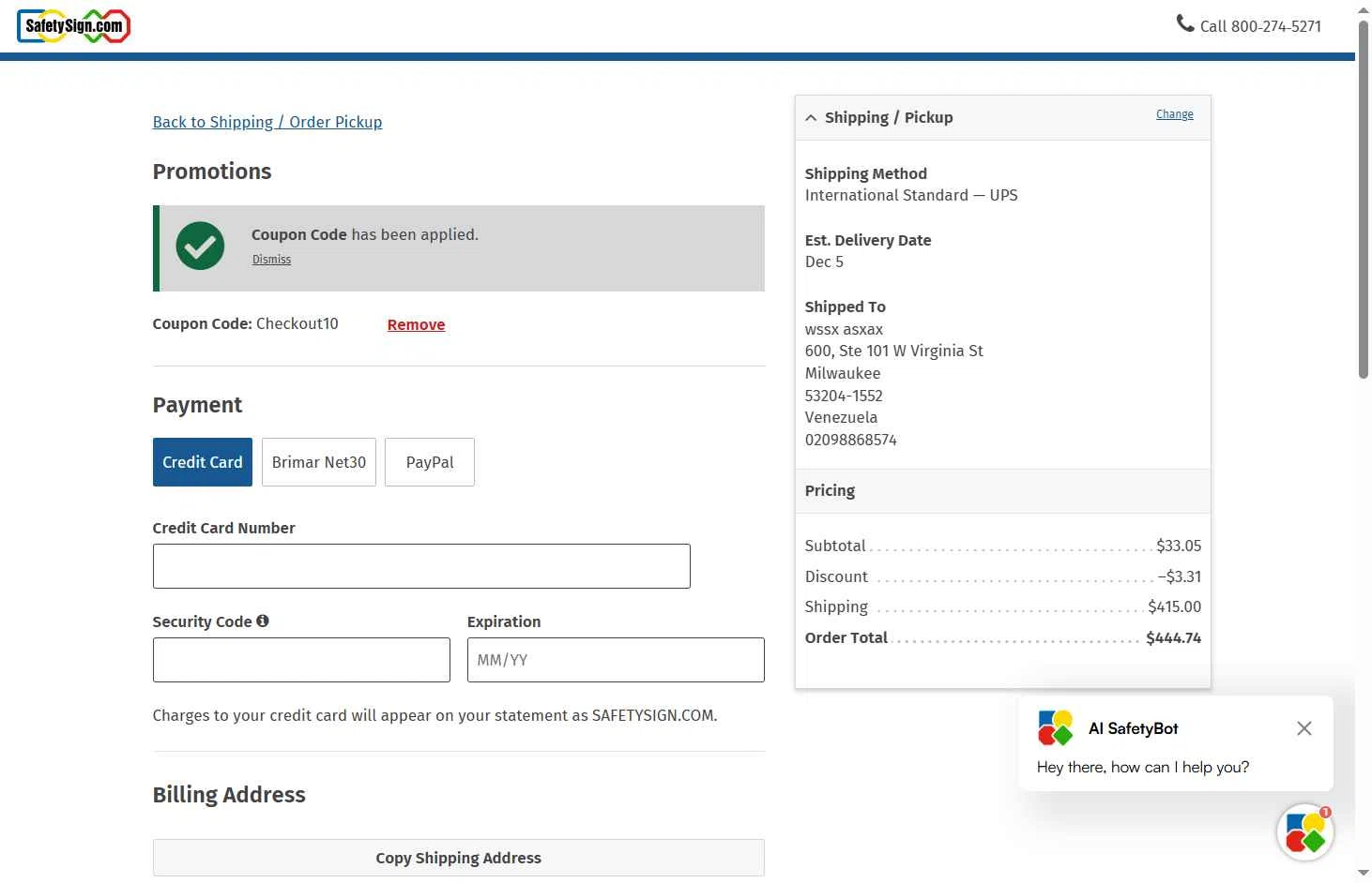 Safety Sign checkout page showing Safety Sign promo code box | Screenshot taken by SimplyCodes community member on Nov 25, 2025
