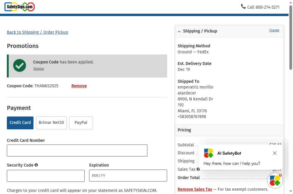 Safety Sign checkout page showing Safety Sign promo code box | Screenshot taken by SimplyCodes community member on Dec 15, 2025