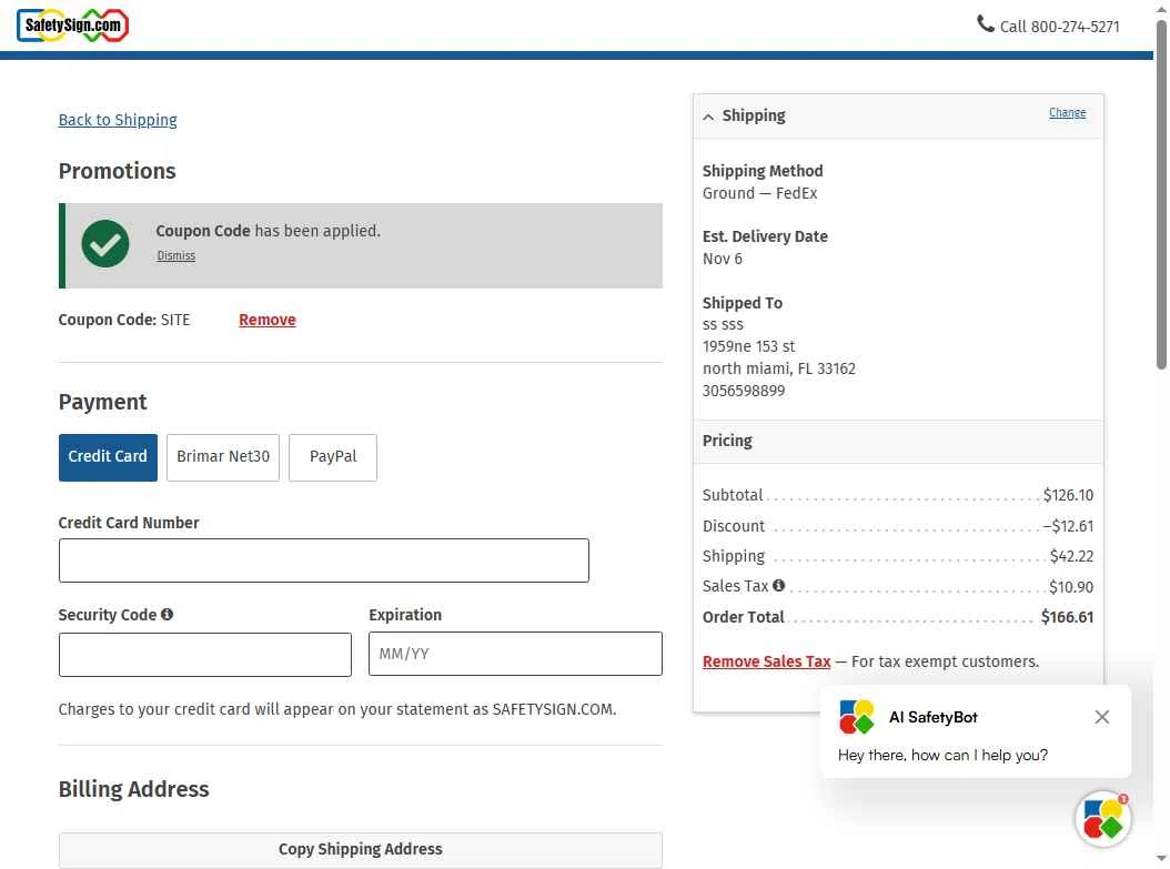 Safety Sign checkout page showing Safety Sign promo code box | Screenshot taken by SimplyCodes community member on Oct 10, 2025