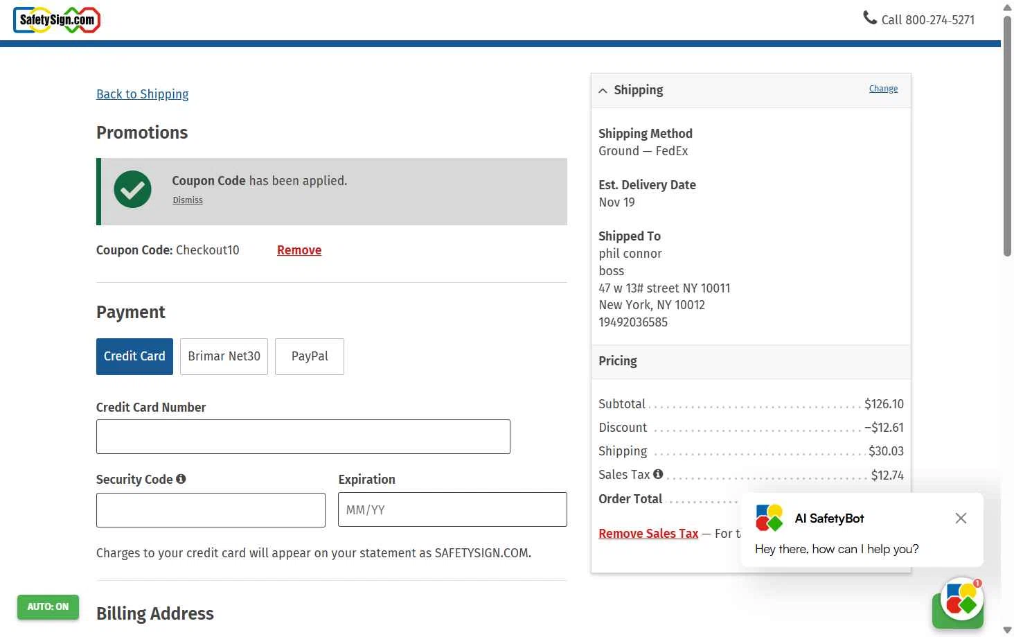 Safety Sign checkout page showing Safety Sign promo code box | Screenshot taken by SimplyCodes community member on Oct 27, 2025