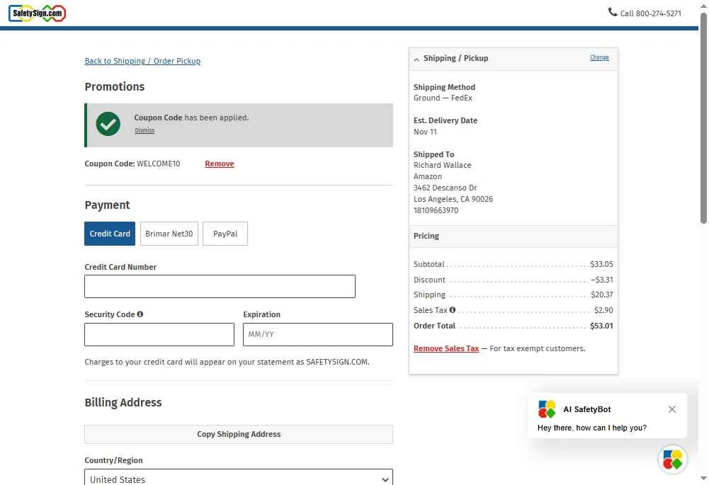 Safety Sign checkout page showing Safety Sign promo code box | Screenshot taken by SimplyCodes community member on Nov 5, 2025