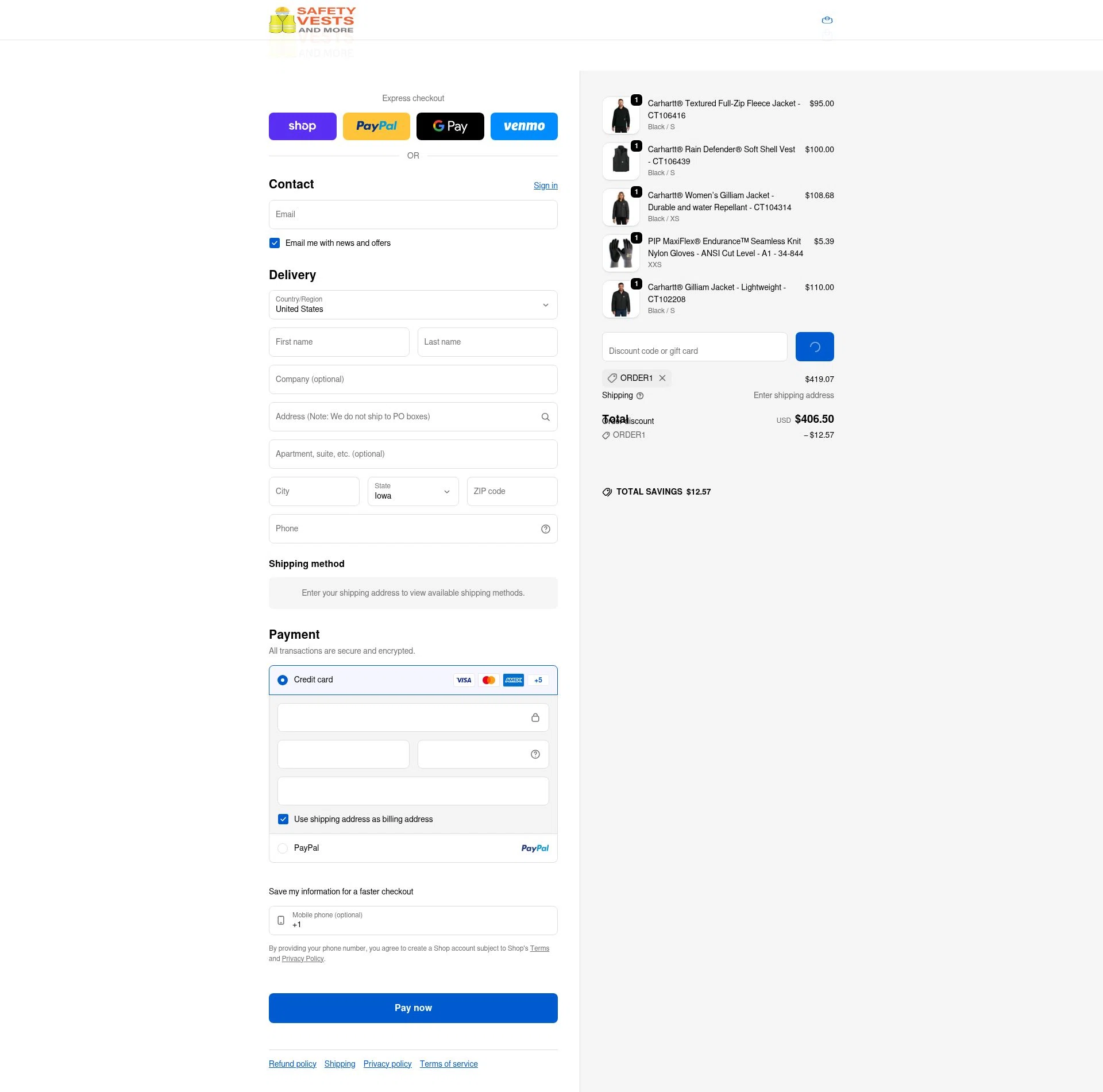 Safety Vests and More checkout page showing Safety Vests and More discount code box | Screenshot taken by SimplyCodes community member on Feb 6, 2026