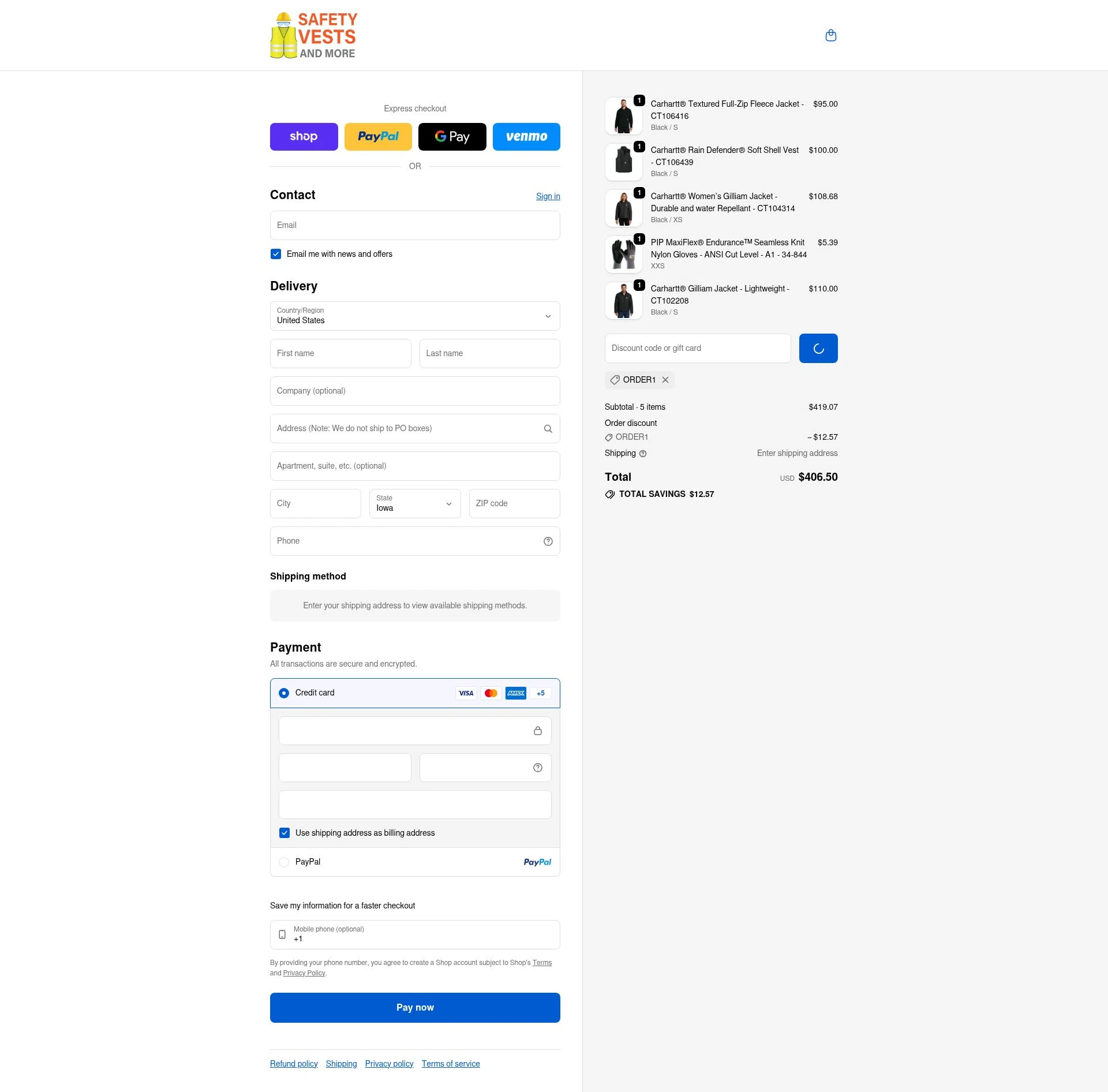 Safety Vests and More checkout page showing Safety Vests and More discount code box | Screenshot taken by SimplyCodes community member on Jan 13, 2026