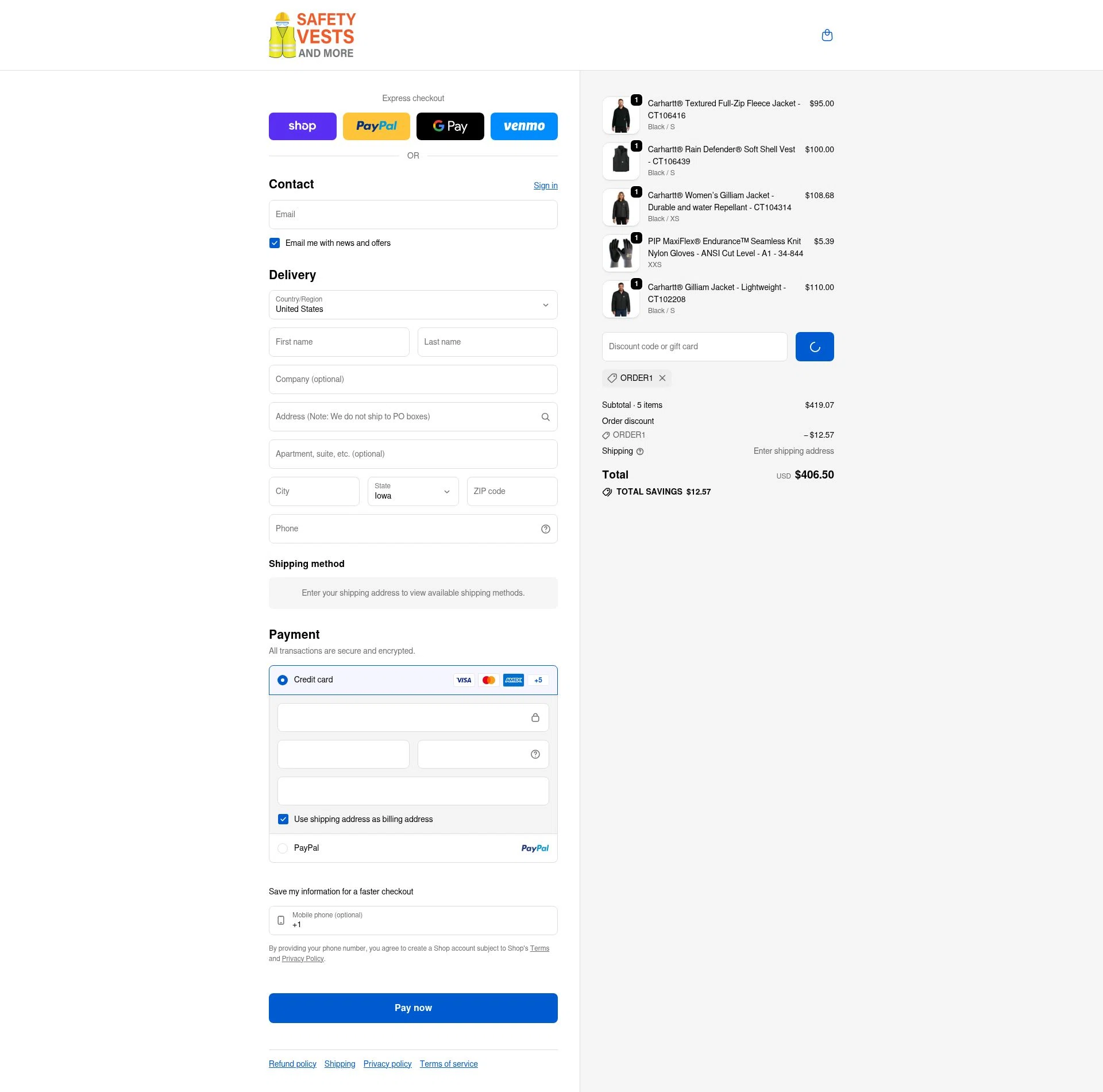 Safety Vests and More checkout page showing Safety Vests and More discount code box | Screenshot taken by SimplyCodes community member on Feb 1, 2026