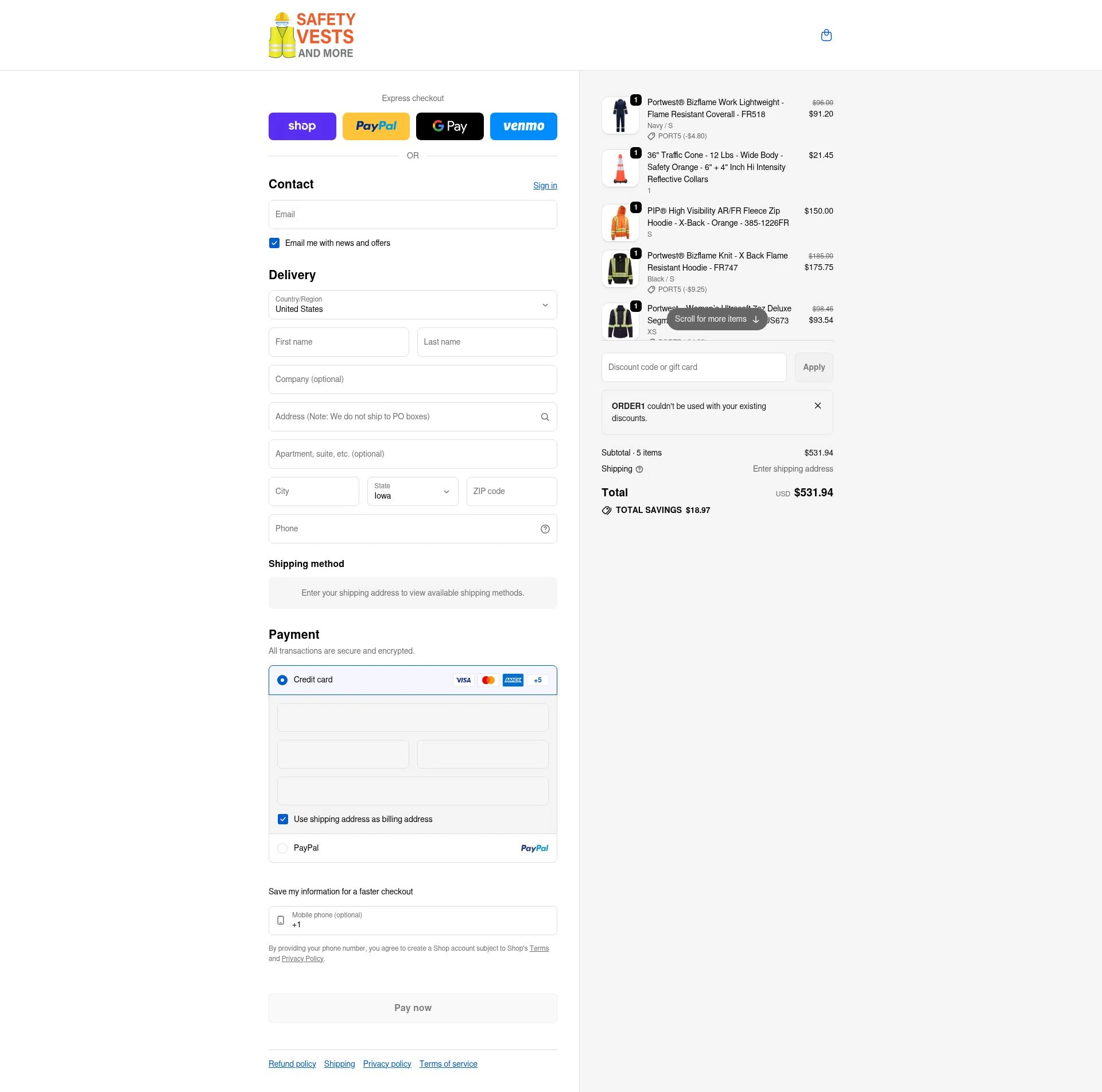 Safety Vests and More checkout page showing Safety Vests and More discount code box | Screenshot taken by SimplyCodes community member on Feb 10, 2026