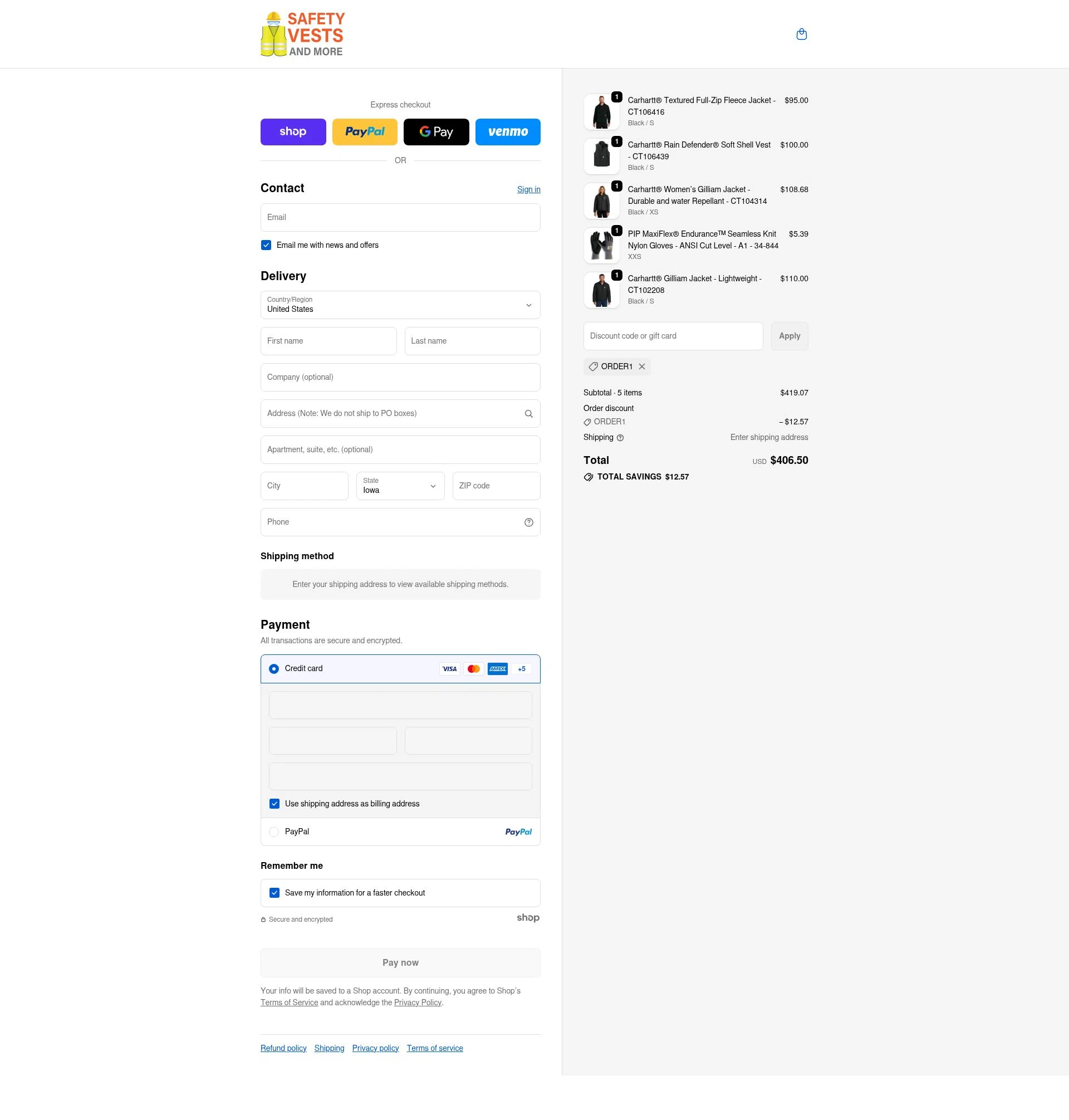Safety Vests and More checkout page showing Safety Vests and More discount code box | Screenshot taken by SimplyCodes community member on Jan 23, 2026