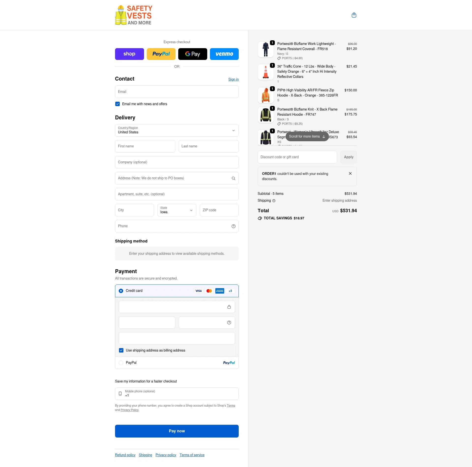 Safety Vests and More checkout page showing Safety Vests and More discount code box | Screenshot taken by SimplyCodes community member on Feb 12, 2026