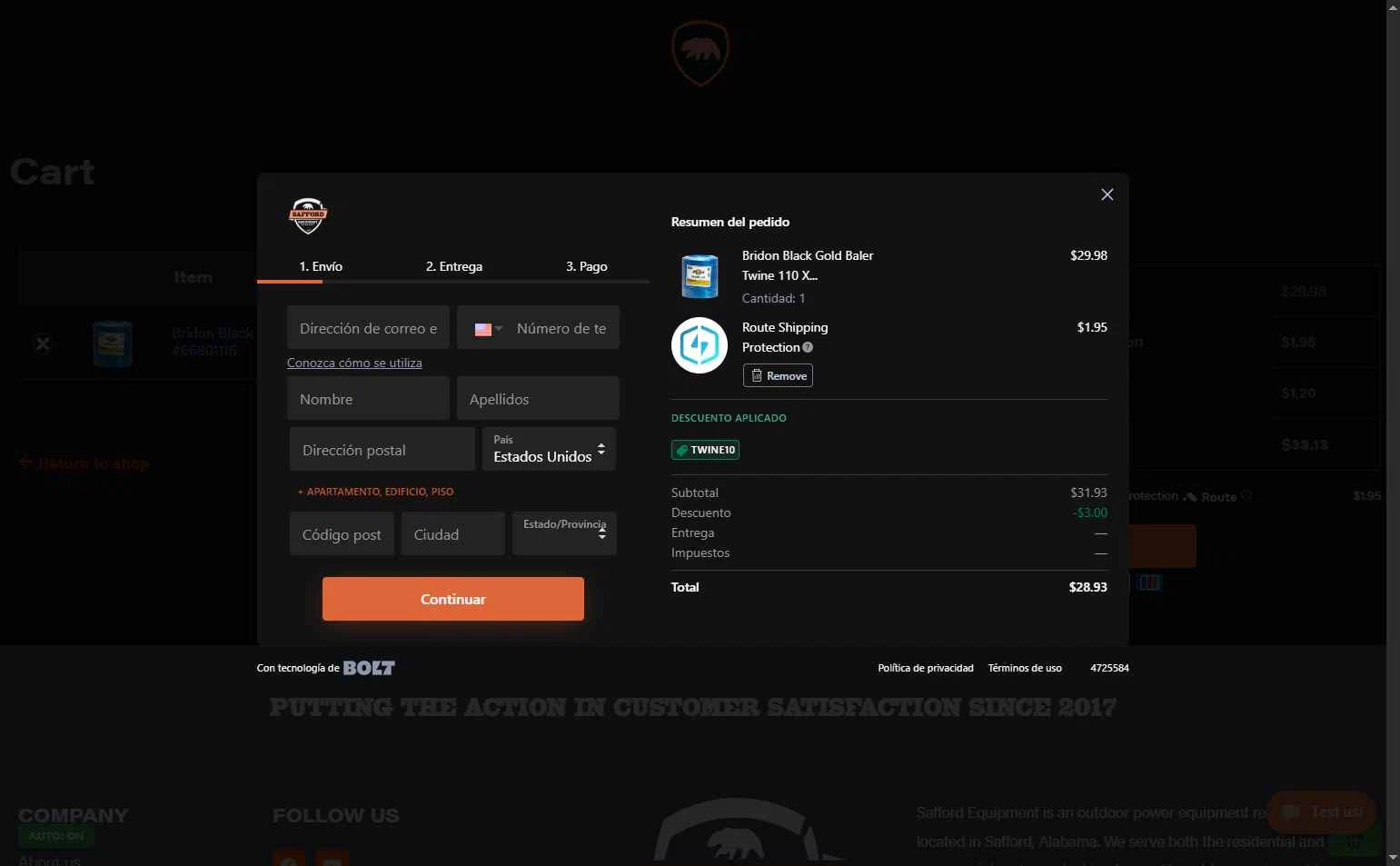 Safford Equipment checkout page showing Safford Equipment promo code box | Screenshot taken by SimplyCodes community member on Nov 1, 2025
